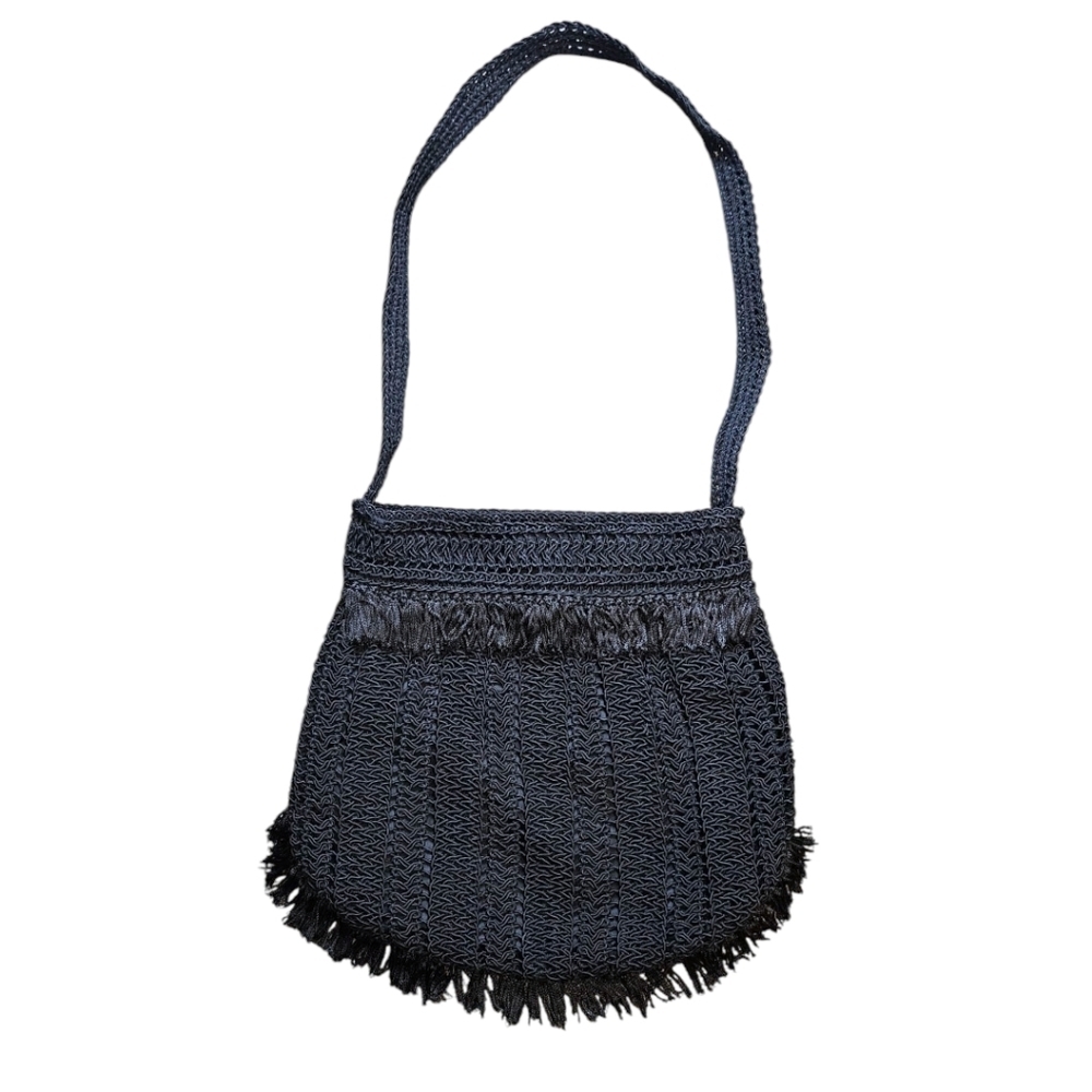 VTG Black Crochet Purse Handmade Fringe Festival Bag Boho Chic